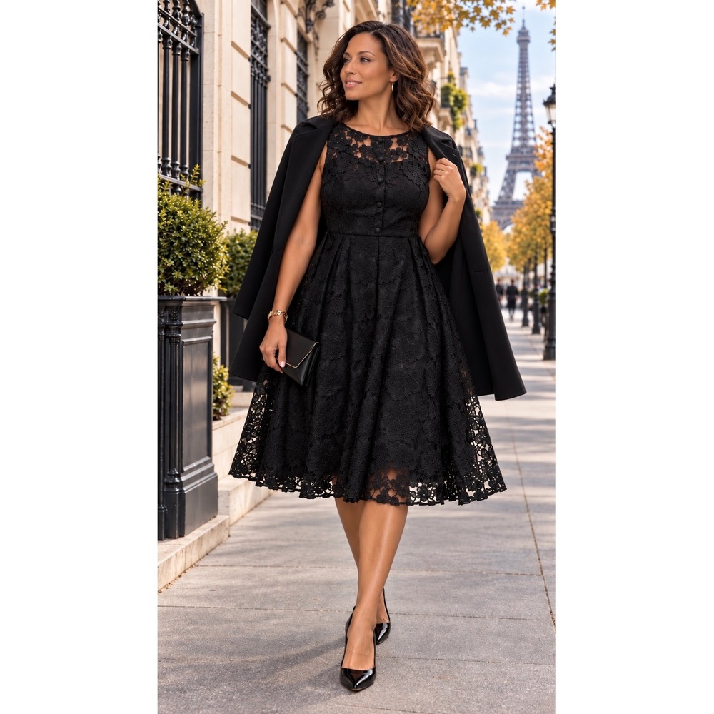 Voodoo Vixen Black Floral Lace Fit & Flare Rockabilly Dress XL Belted Sleeveless